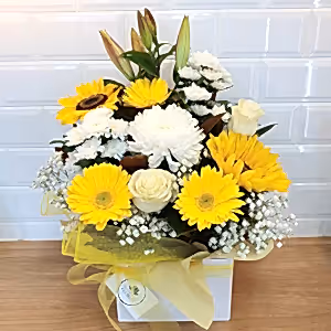 Yellow and white seasonal box arrangement - Gold Coast City Florist