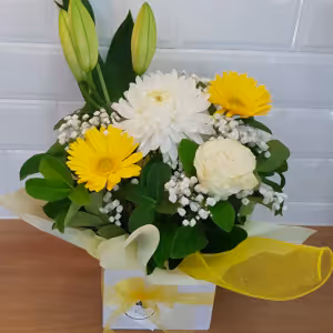 Yellow and white seasonal box arrangement - Gold Coast City Florist